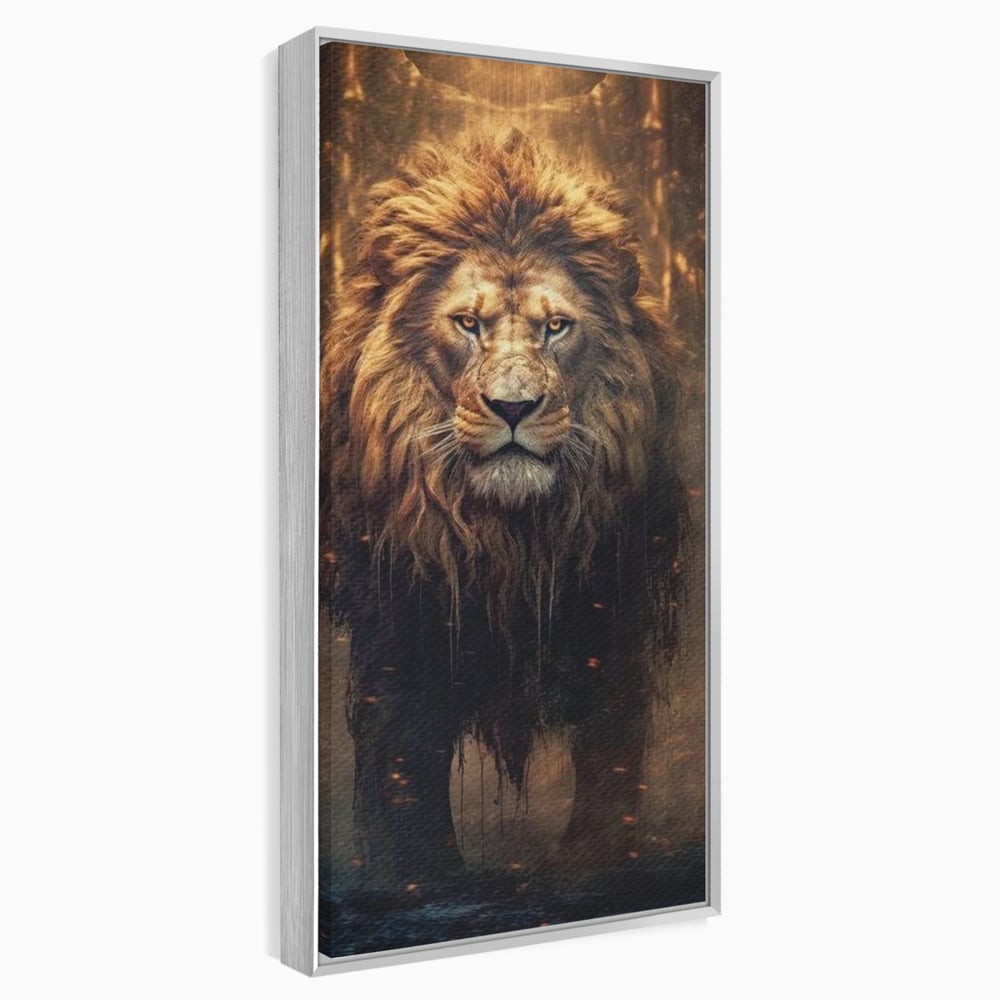 Tablou canvas cu tablou canvas cu portret de leu, in rama de aluminiu argintiu